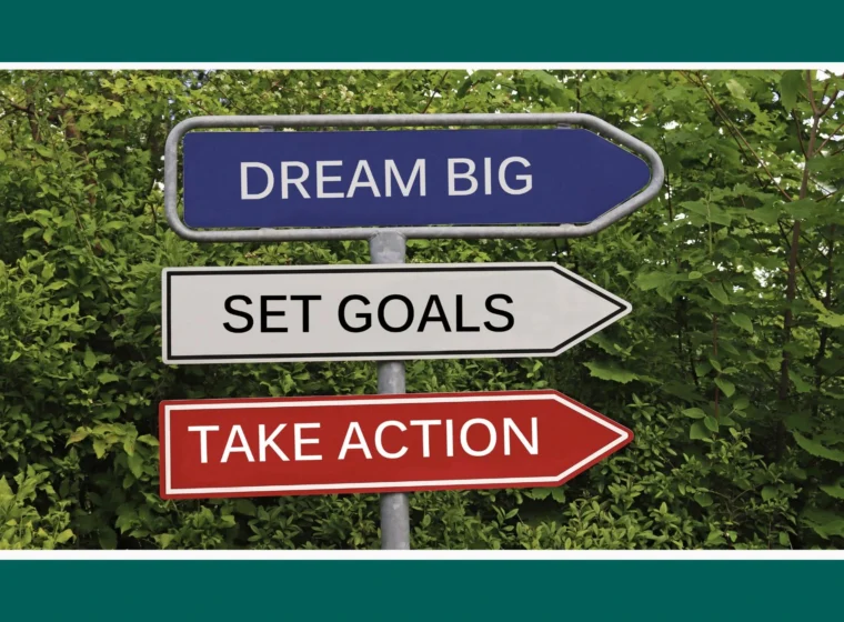 Znak z napisami: Dream Big, Set Goals, Take Action. Zdjęcie wprowadzające do artykułu: Jak skutecznie wyznaczać cele? Poznaj ekologiczny SMART