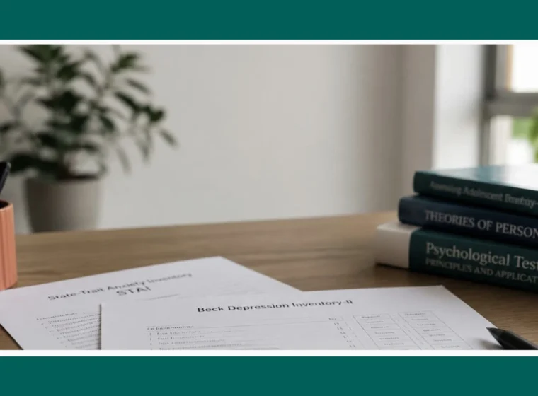 Na zdjęciu widać dwa kwestionariusze - testy psychologiczne oraz książki psychologiczne. Grafika wprowadzająca do artykułu: Czym są testy psychologiczne? Czym się różnią od internetowych psychotestów?