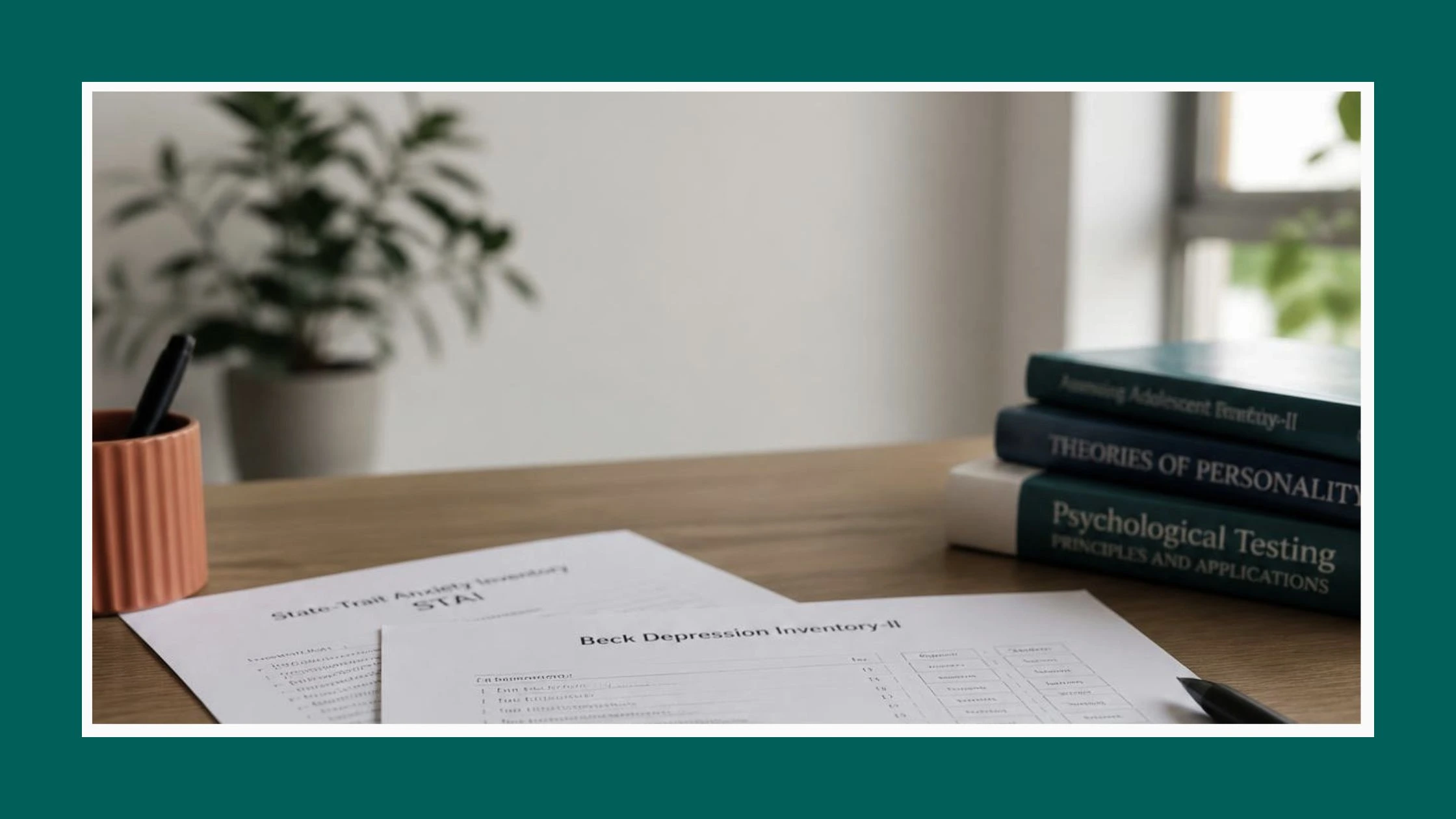 Na zdjęciu widać dwa kwestionariusze - testy psychologiczne oraz książki psychologiczne. Grafika wprowadzająca do artykułu: Czym są testy psychologiczne? Czym się różnią od internetowych psychotestów?